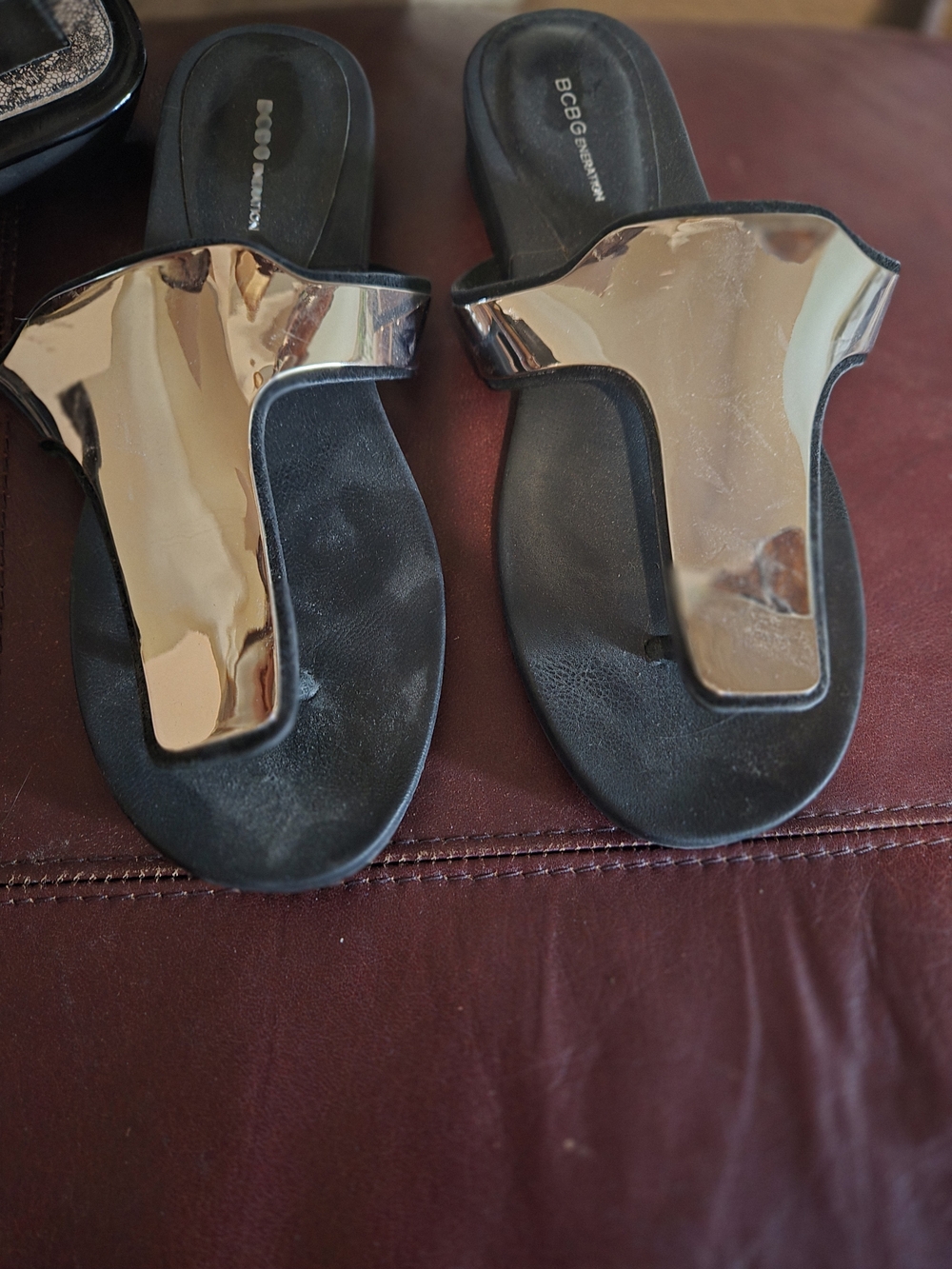BCBG Shiny Silver T-strap Slide Sandals